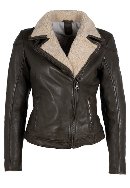The Olive Leather Shearling Collar Jacket
