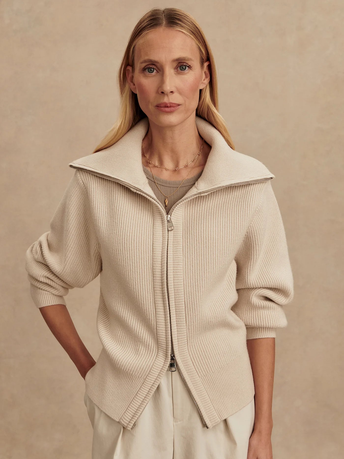 The Enrico Zip Through Knit Jacket - Silver Birch