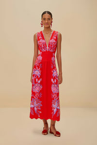 PORCELAIN GARDEN RED MIDI DRES