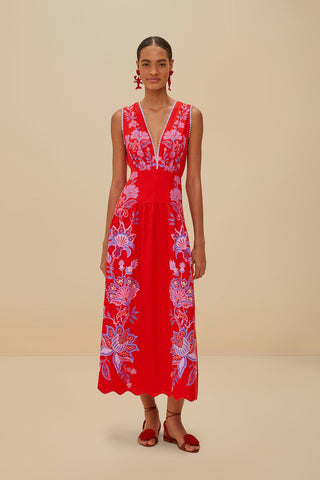 PORCELAIN GARDEN RED MIDI DRES