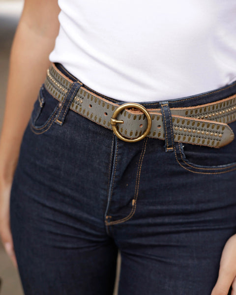 The Soraya | Studded Leather Belt With Gold Round Buckle