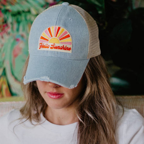 Hello Sunshine Patch Denim Trucker Hat: Denim Blue