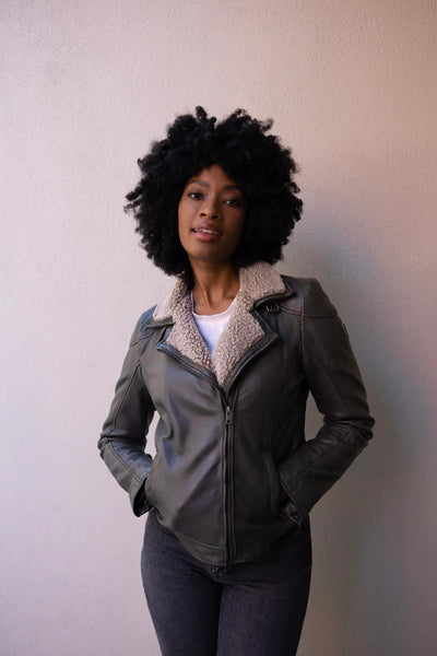 The Olive Leather Shearling Collar Jacket