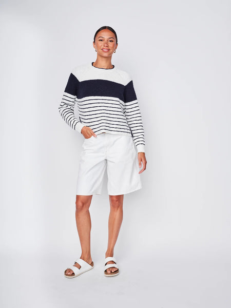 The Sailor Stripe Pullover Sweater in White/New Navy