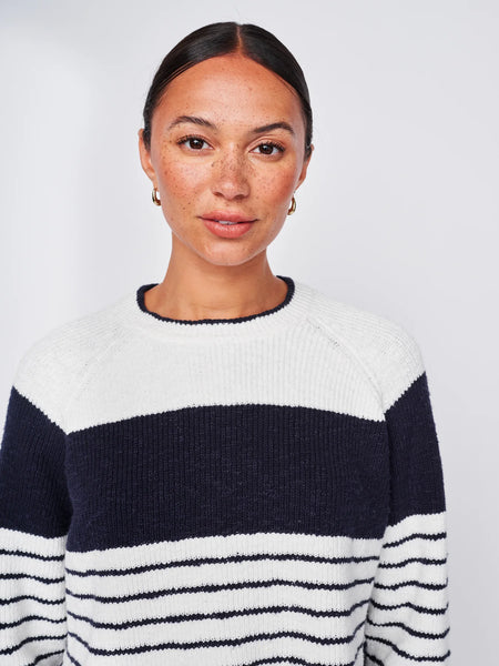 The Sailor Stripe Pullover Sweater in White/New Navy