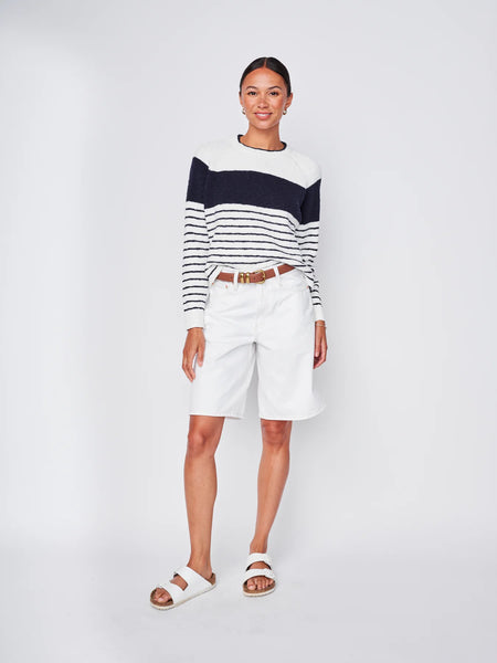 The Sailor Stripe Pullover Sweater in White/New Navy