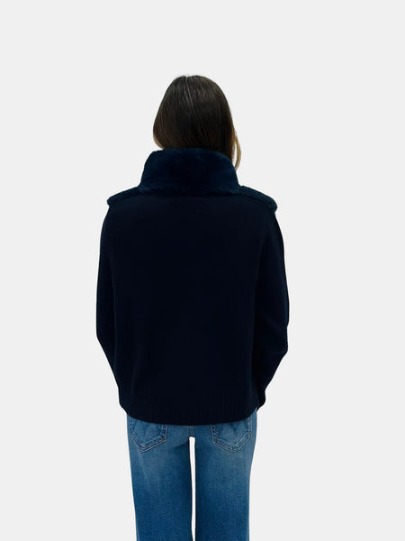 The Teddy Faux Fur Knit Zip Jacket - Navy
