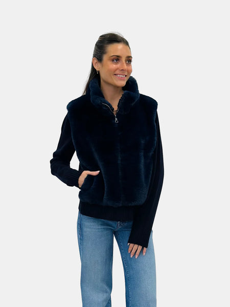 The Teddy Faux Fur Knit Zip Jacket - Navy