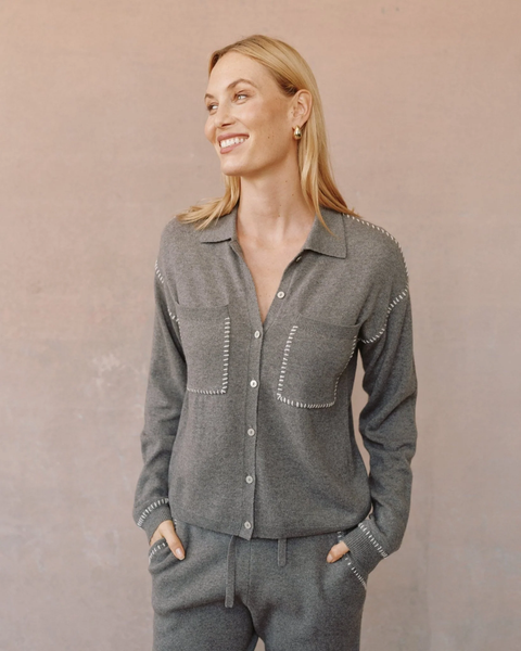 The Whip Stitched Pocket Button Sweater - Heather Smoke