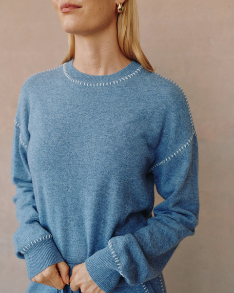 The Whip Stitched Crew Neck Sweater - Heather Blue