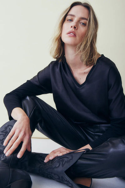 The Cindy Black Satin Mixed Media Top