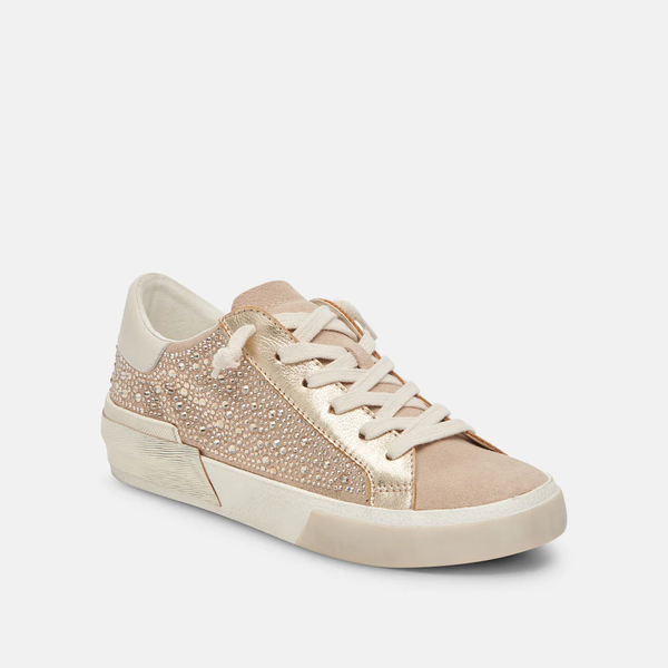 The Zina Gold Suede Crystal Sneaker
