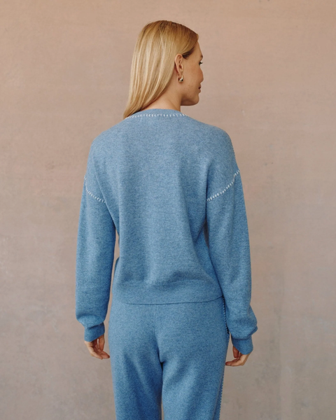 The Whip Stitched Crew Neck Sweater - Heather Blue
