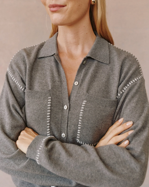 The Whip Stitched Pocket Button Sweater - Heather Smoke