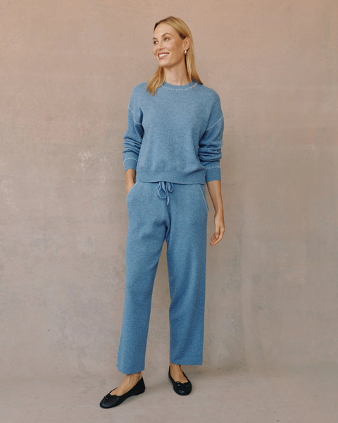 The Whip Stitched Crew Neck Sweater - Heather Blue