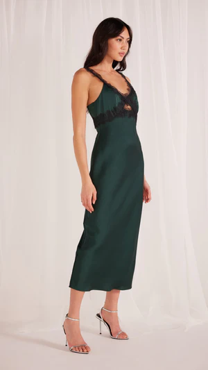 The Erin Lace Trim Satin Midi Dress