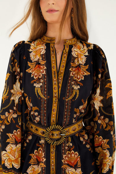 The Black Majestic Garden Beaded Buckle Long Sleeve Mini Dress