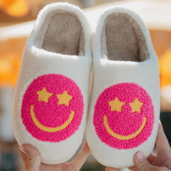 The Hot Pink Starry Eyed Happy Face Slippers