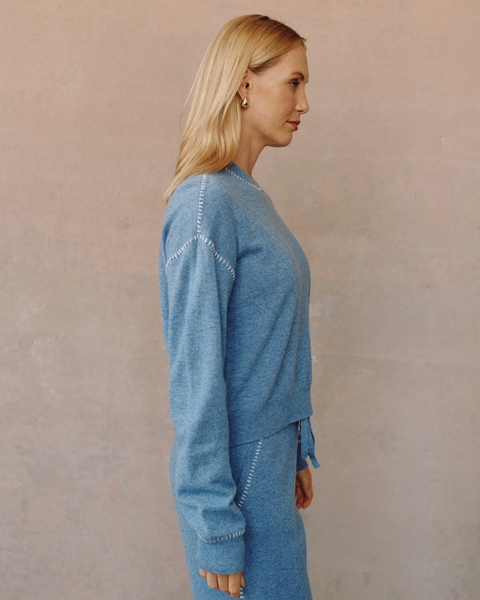 The Whip Stitched Crew Neck Sweater - Heather Blue