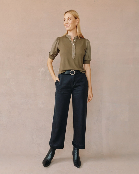 The Short Sleeve Placket Mixed Shirt- Ivy Green