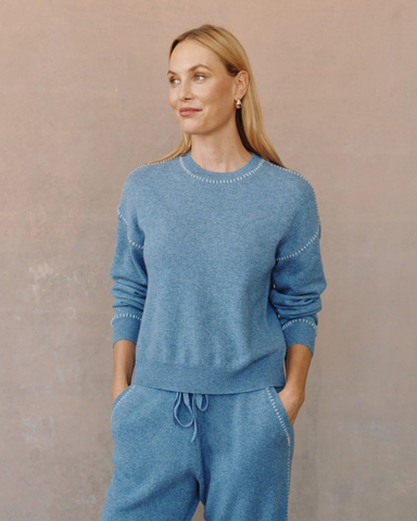 The Whip Stitched Crew Neck Sweater - Heather Blue