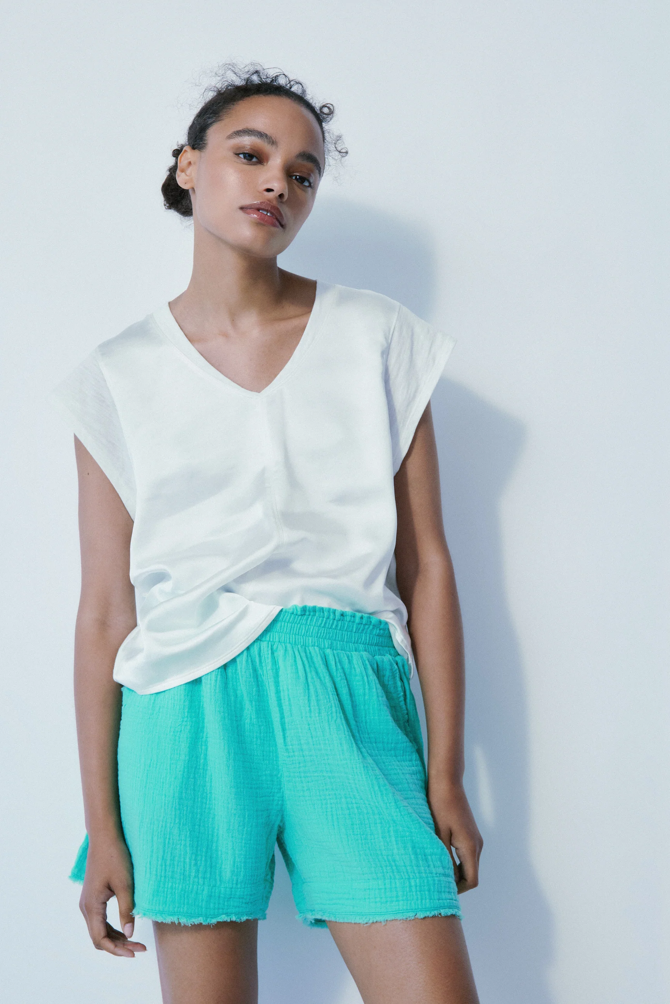 The Cameron Mixed Media Satin Top