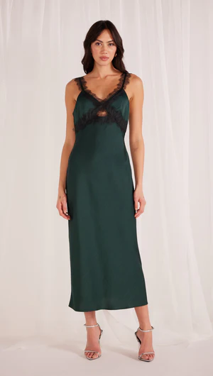 The Erin Lace Trim Satin Midi Dress