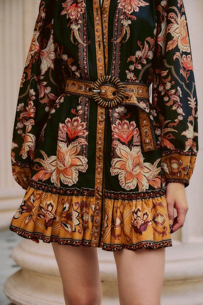 The Black Majestic Garden Beaded Buckle Long Sleeve Mini Dress