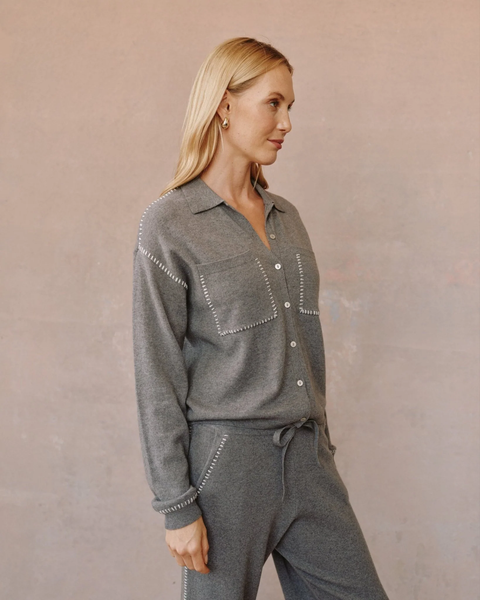 The Whip Stitched Pocket Button Sweater - Heather Smoke