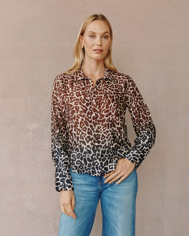 The Flowy Wide Collar Button Down- Ombre Leopard Print