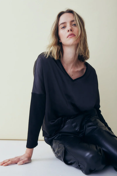 The Cindy Black Satin Mixed Media Top