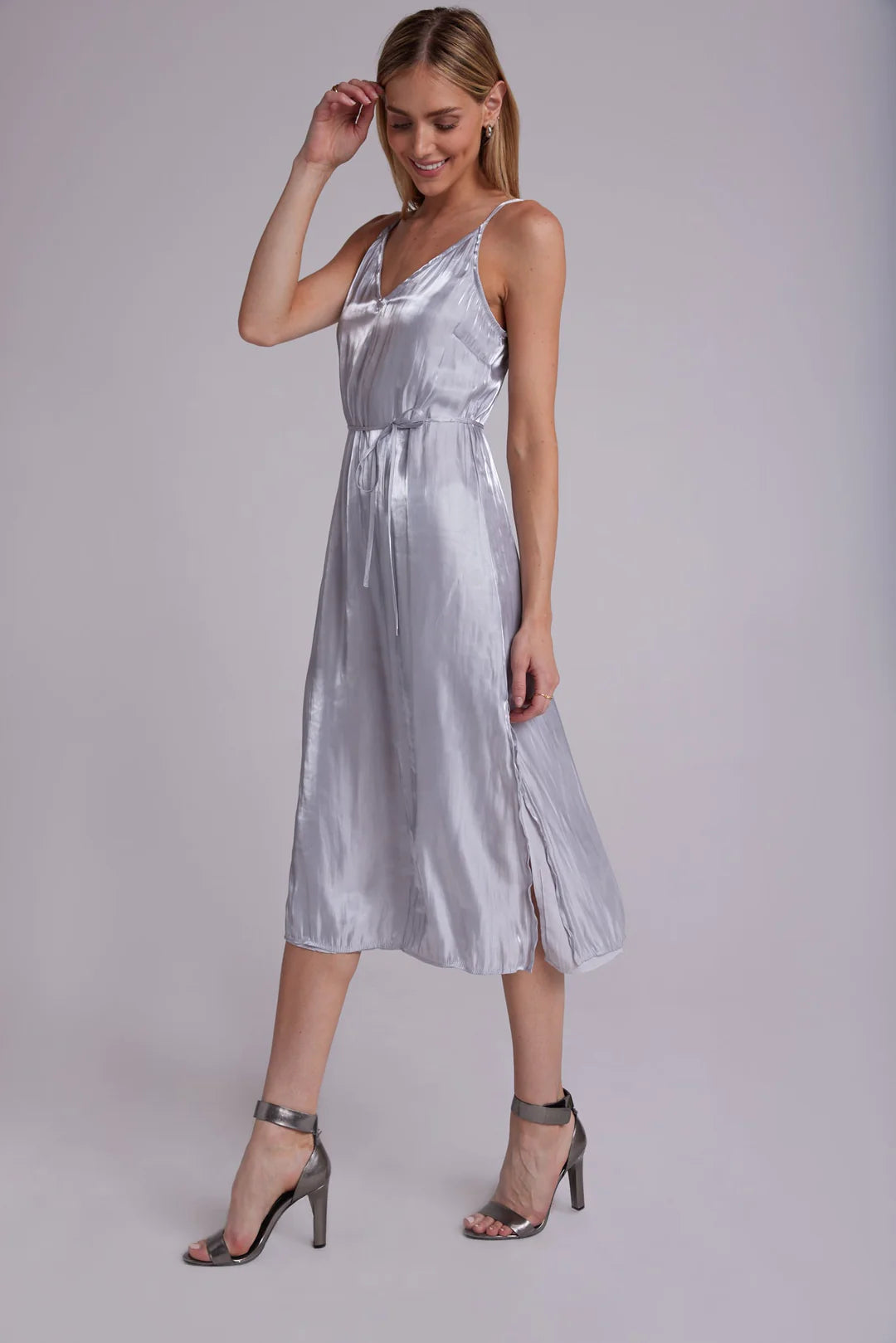 silver satin evening dress Devotedness Satin Corset Maxi Dress Silver