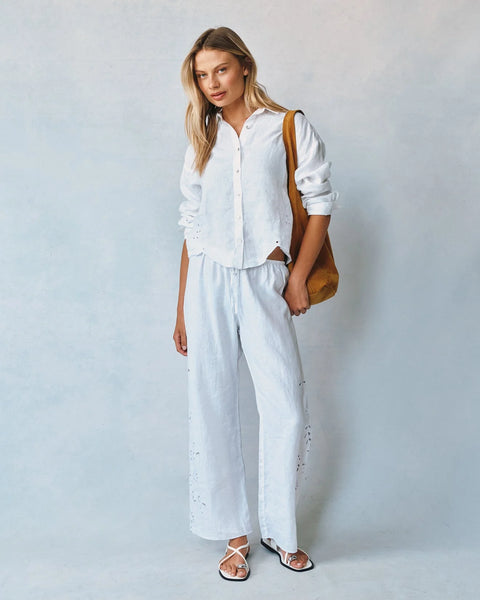 The Side Embroidery Beach Pant - White